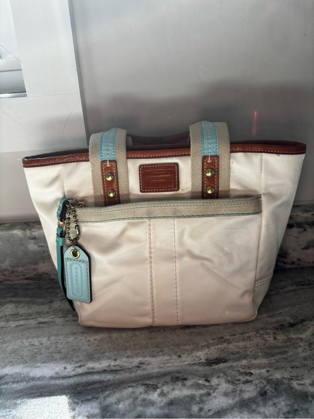 VINTAGE Coach 2005 Y2K Hamptons Nylon Mini Tote Bag Cream Ice Blue Trim #126